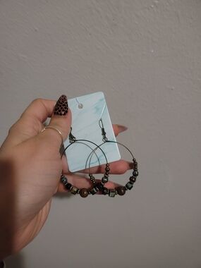 Beaded Hoop Earrings in Brown